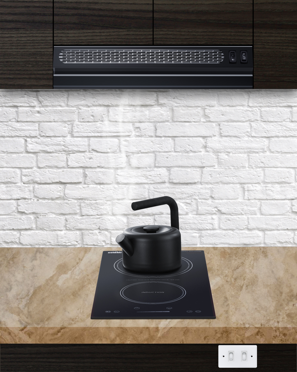 18 inch wide ADA compliant under cabinet retractable range hood for ductless use in black, made in the USA with separate wall switch for ADA applications